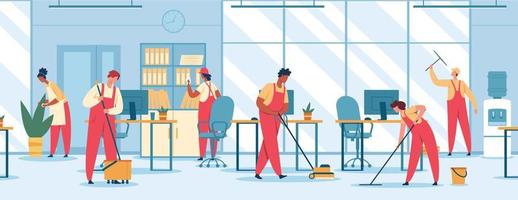 Office cleaning. Team of professional cleaners mopping floor, vacuuming, wiping window. Janitors in uniform clean office vector illustration