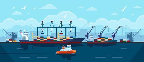 Cargo ship in seaport. Industrial freight vessel with shipping containers docked at port. Sea transportation industry vector illustration