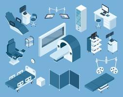 Isometric medical equipment. Mri, hospital bed, patient monitoring device, ultrasound scanner. Healthcare diagnostic devices vector set