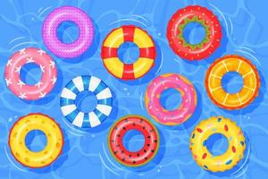 Inflatable rings on water. Top view swimming pool with floating rubber kids toys. Colorful swim ring, life buoy vector illustration