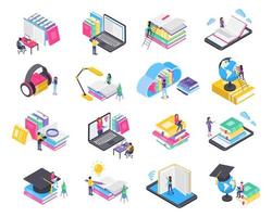 Isometric online education. People studying via laptop or phone. Online training, digital learning, virtual library concept vector set