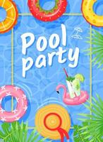 Pool party poster. Summer party flyer with swimming rings, tropical palm leaves and water background. Beach event invitation vector template