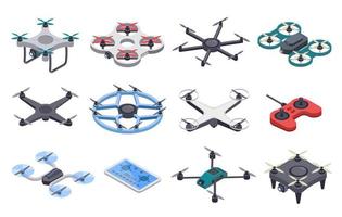 Isometric drone. Unmanned aircraft with propellers, aerial remote transporters. Flying delivery drones with camera, controllers vector set