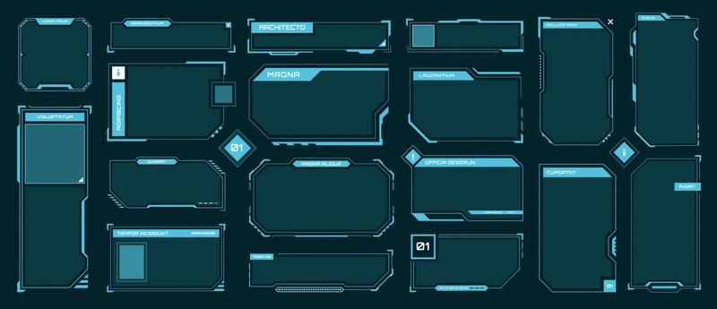 Hud frames. Futuristic text box, border, frame. Sci-fi digital screen, hologram panel. High tech hud interface elements vector set
