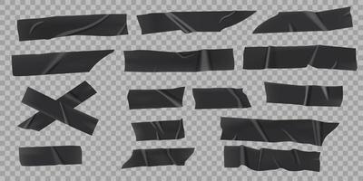 Black adhesive tape. Realistic sticky strip piece with torn edges. Wrinkled plastic duct tapes, scotch pieces, sticky strips vector set