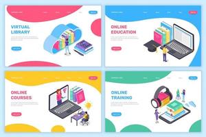 Online education landing page. Isometric learning at home, virtual school, university. Online training courses, digital library concept vector