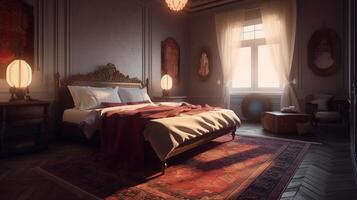 beautiful room interior with bed photo