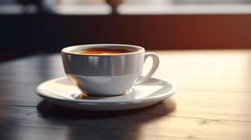 taza de café en un de madera mesa ai generado foto