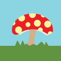 A red mushroom with yellow dots, grass and blue sky, mushroom illustration vector, nature illustration, Autumn plant, suitable for kids stories and spring banners and signs, cartoon style drawing vector
