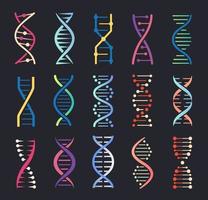 Dna helix icons. Gene spiral molecule structure, human genetic code, chromosome chain logo. Genetics science, biochemistry icon vector set