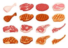 Fresh and grilled meat. Cartoon fried steak with grill marks. Chicken, pork, beef, burger patty. Raw, cooked and roasted meat vector set