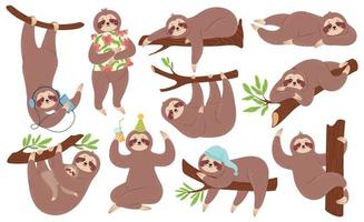 Cute sloth. Happy lazy sloths sleeping, hanging on branch, listening to music. Funny slothful animals in various poses Cartoon vector set