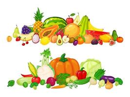 Fruit and vegetable piles. Apple, kiwi, cherry, apple, pepper, tomato, pumpkin, carrot, cabbage. Fresh organic fruits and vegetables vector set