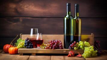 wine and grapes lying on a table photo