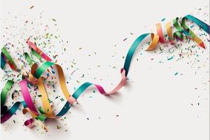 White background with ribbons, streamers and confetti, carnival. AI photo