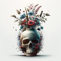 Painting illustration of skull wrapped in flowers, white background. photo