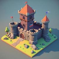 Medieval castle 3d scenery with towers and trees. Digital illustration. AI photo