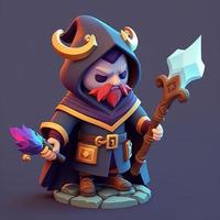 Mage with purple hood and staff in hand, fire style. Digital illustration. AI photo