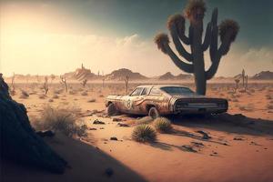 Rusty and deteriorated custom car in the desert, cacti and monyanha in the background. Digital illustration. AI photo