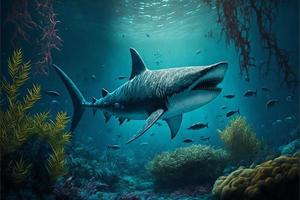 Megalodon shark under the ocean, corals and fish, marine life. Digital illustration. AI photo