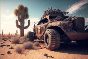 Rusty and deteriorated custom car in the desert, cacti and monyanha in the background. Digital illustration. AI photo