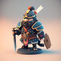 Samurai warrior with sword, 3D cute. Digital illustration. AI photo