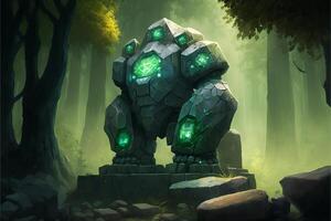 Giant stone golem in the middle in the forest, green fog. photo