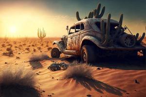 oxidado y deteriorado personalizado coche en el desierto, cactus y Monyanha en el antecedentes. digital ilustración. ai foto