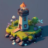 Island lighthouse landscape in 3d with flying birds, cute style. AI digital illustration photo