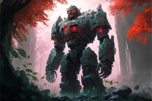 Giant stone golem in the middle in the forest, green fog. photo