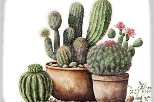 Painting various cacti in potted plants, white background. AI digital illustration photo