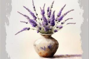 Painting of potted plant filled with lavender, white background. AI digital illustration photo