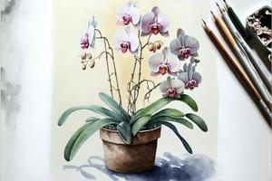 Painting orchids in potted plant, white background. AI digital illustration photo