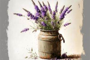 Painting of potted plant filled with lavender, white background. AI digital illustration photo