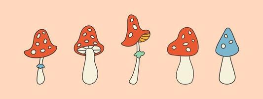 Set of cute fly agarics. Groovy magic mushroom, fly agaric. Trending element in hippie style 60s of 70s. Boho groovy retro poster. Card, postcard, print. Y2k vintage vector illustration