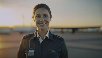 un hermosa sonriente joven piloto en frente de un borroso aeropuerto antecedentes ai generado foto