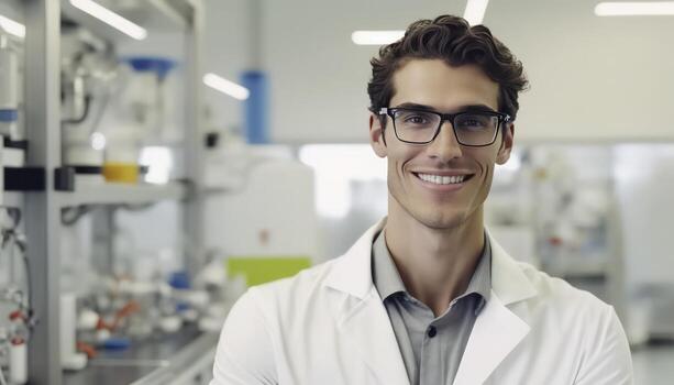 a beautiful smiling young male scientist in front of a blurry white laboratory background photo