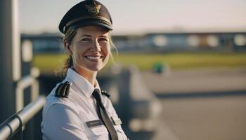 un hermosa sonriente joven piloto en frente de un borroso aeropuerto antecedentes ai generado foto