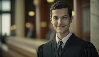 a beautiful smiling male prosecutor wearing prosecutor's robe inside a blurry courthouse background photo