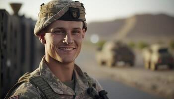 beautiful smiling young male soldier in front of a blurry millitary base background photo