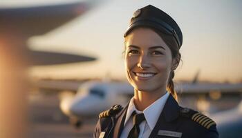 un hermosa sonriente joven piloto en frente de un borroso aeropuerto antecedentes ai generado foto