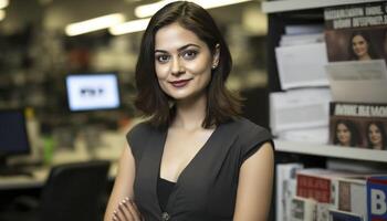 a beautiful smiling young female journalist in front of a blurry newsroom background photo