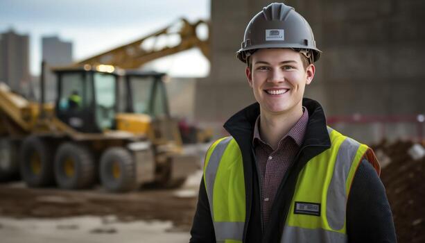 a beautiful smiling young male engineer in front of a blurry construction background photo