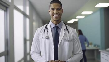 un hermosa sonriente joven masculino médico en frente de un borroso blanco hospital laboratorium antecedentes ai generado foto