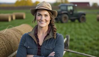 a beautiful smiling young female farmer in front of a farm background photo