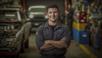 a beautiful smiling young male mechanic in front of an auto repair shop background photo