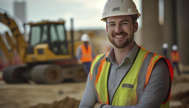a beautiful smiling young male engineer in front of a blurry construction background photo