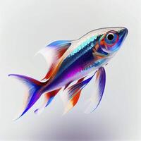 An ultra realistic Neon tetra fish that jumps by splashing on a white background photo