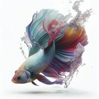 un ultra realista arco iris pescado luchando pescado ese saltos por salpicaduras en un blanco antecedentes ai generado foto