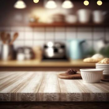 Stylish Wooden Table Top on Blurred Kitchen Background - Ideal for Product Displays and Design Layouts photo